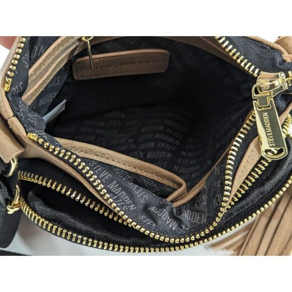 Steve Madden Crossbody Bag Tan Purse Fringe Detail Black Strap Gold Tone NEW - Picture 9 of 11